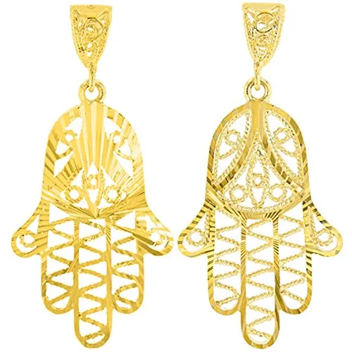 Solid 14K Gold Filigree Hamsa Charm Textured Hand of God Pendant Figaro Chain Necklace - Yellow Gold
