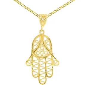 Solid 14K Gold Filigree Hamsa Charm Textured Hand of God Pendant Figaro Chain Necklace - Yellow Gold