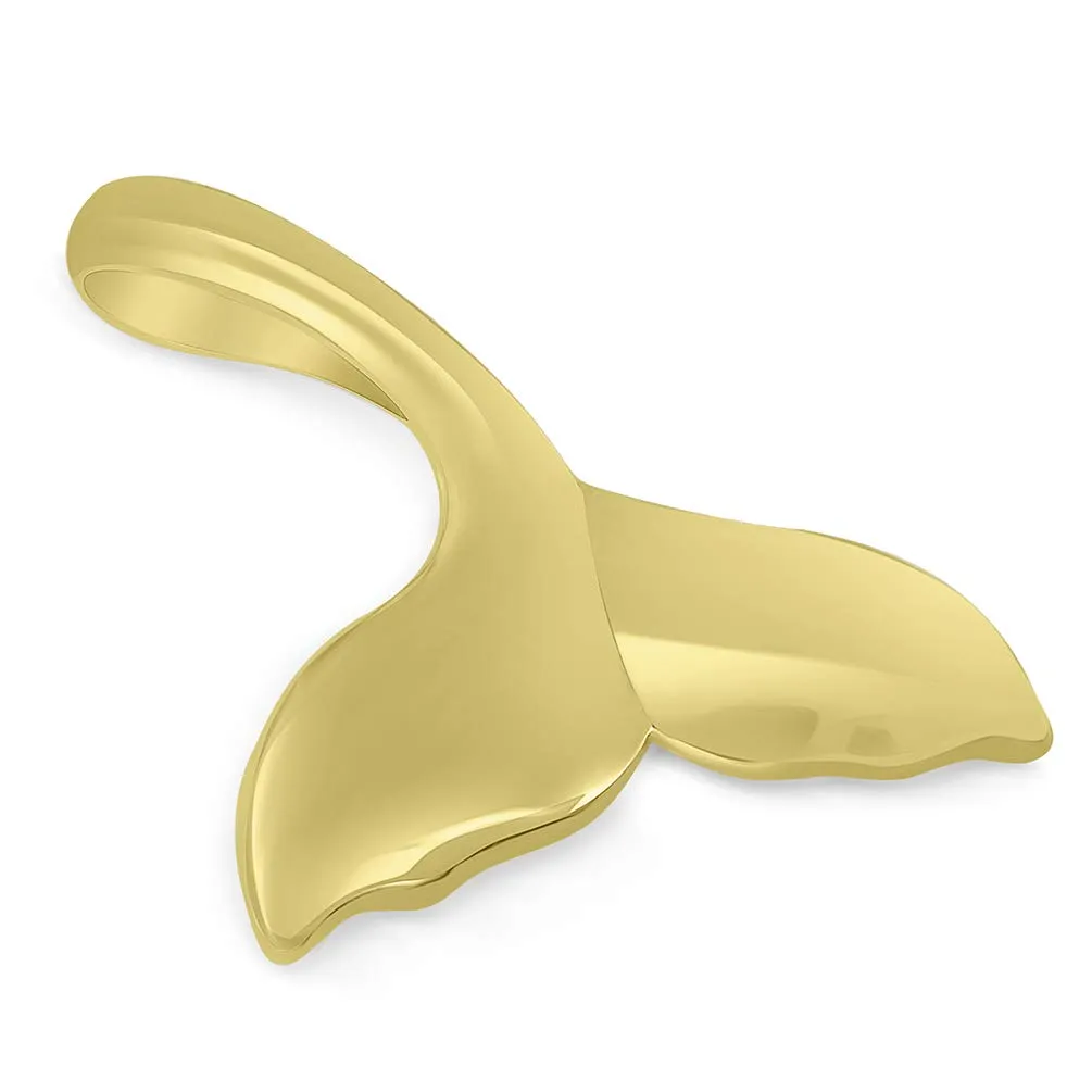 Solid 14k Yellow Gold Classic Curved Whale's Tail Pendant Necklace