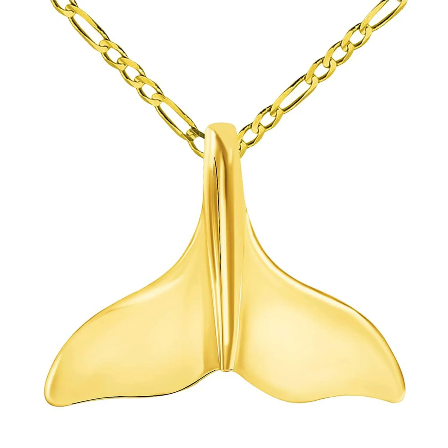 Solid 14k Yellow Gold Classic Dolphin Tail Fin Pendant With Cable, Curb or Figaro Chain Necklace