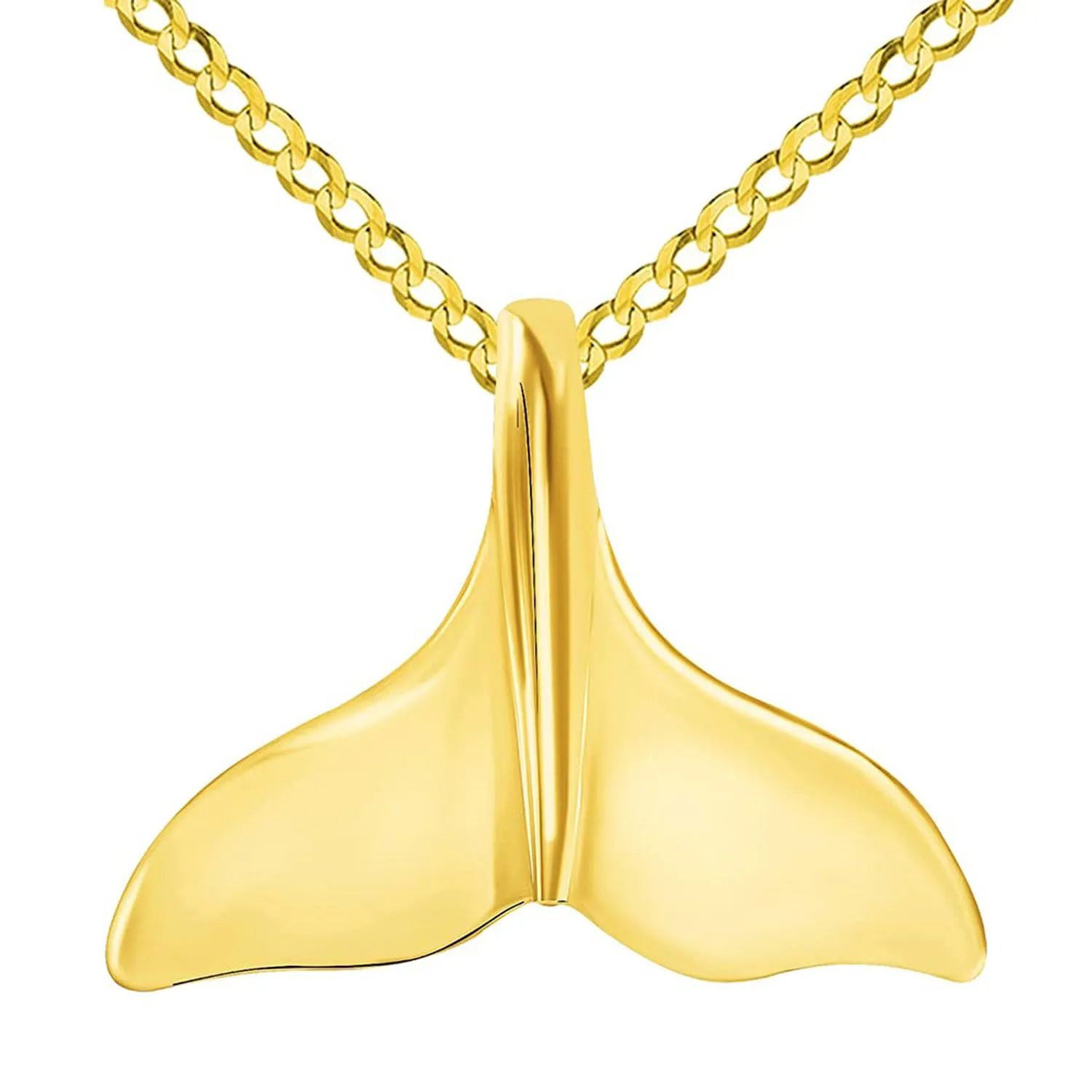 Solid 14k Yellow Gold Classic Dolphin Tail Fin Pendant With Cable, Curb or Figaro Chain Necklace