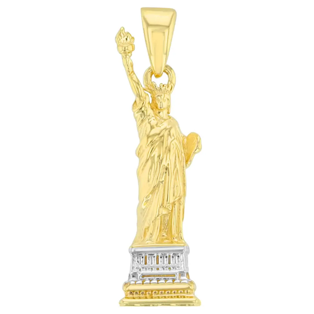 Solid 14K Yellow Gold Statue of Liberty Charm Pendant with Cuban Chain Necklace