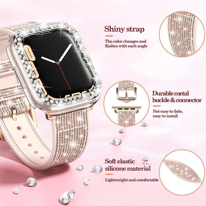 Sparkly Diamond Silicone Leather Strap for Apple Watch 44/41/45 40/42mm Band   Bling Case