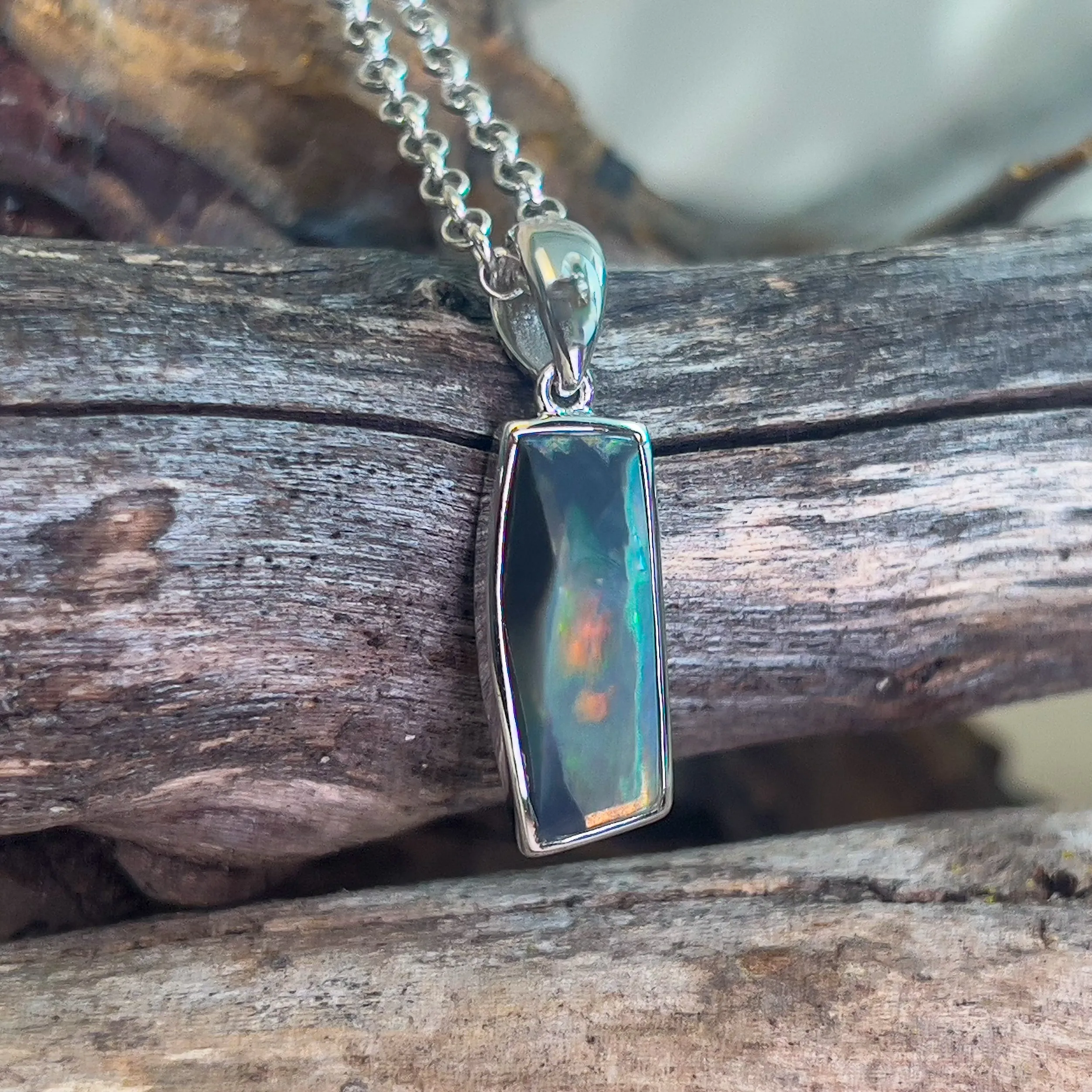 Sterling Silver black opal rectangular shape pendant