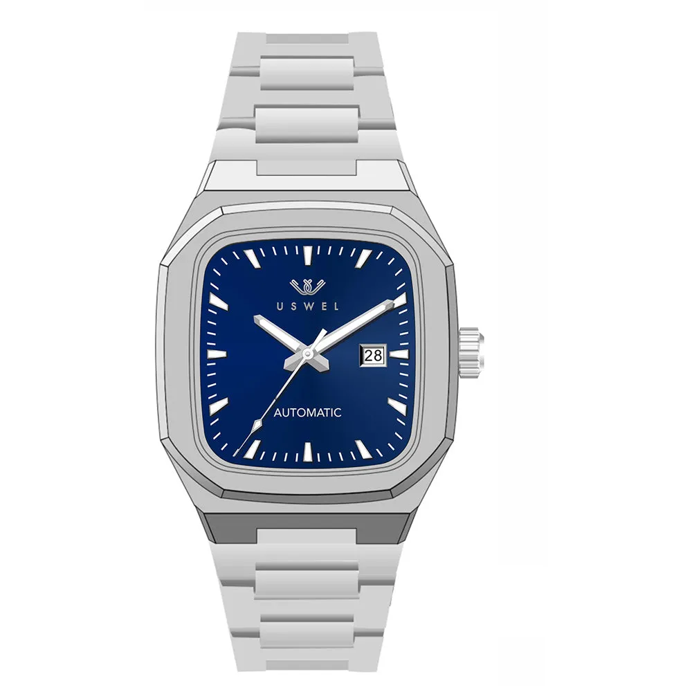 USWEL Men’s Watch Rectangle Case, Elegant Design with 2 Years Warranty, Seiko Automatic Movement, 100m Water Resistant - 38 x 42MM - Model U087