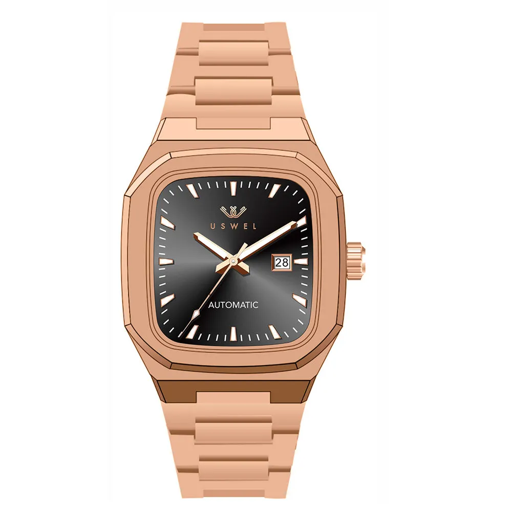 USWEL Men’s Watch Rectangle Case, Elegant Design with 2 Years Warranty, Seiko Automatic Movement, 100m Water Resistant - 38 x 42MM - Model U087
