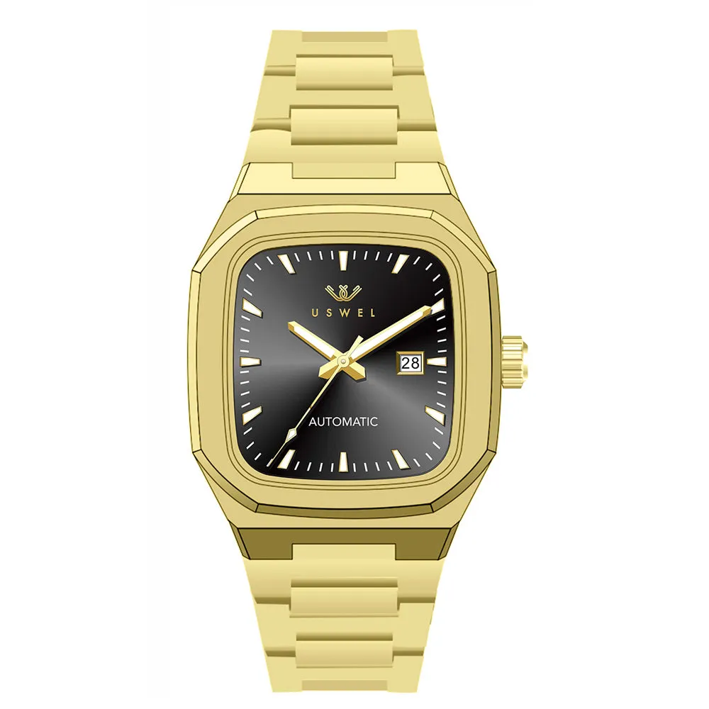 USWEL Men’s Watch Rectangle Case, Elegant Design with 2 Years Warranty, Seiko Automatic Movement, 100m Water Resistant - 38 x 42MM - Model U087