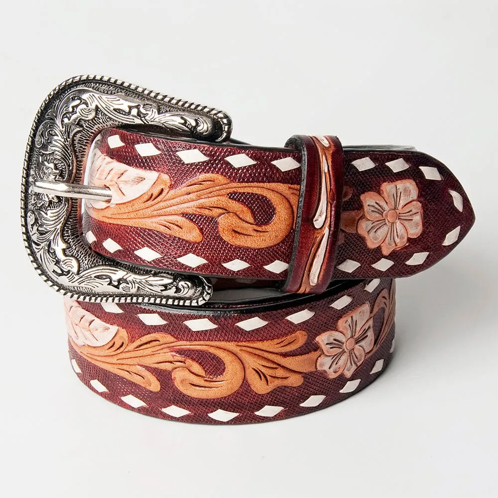 White Buck Hand Tooled Leather Belt