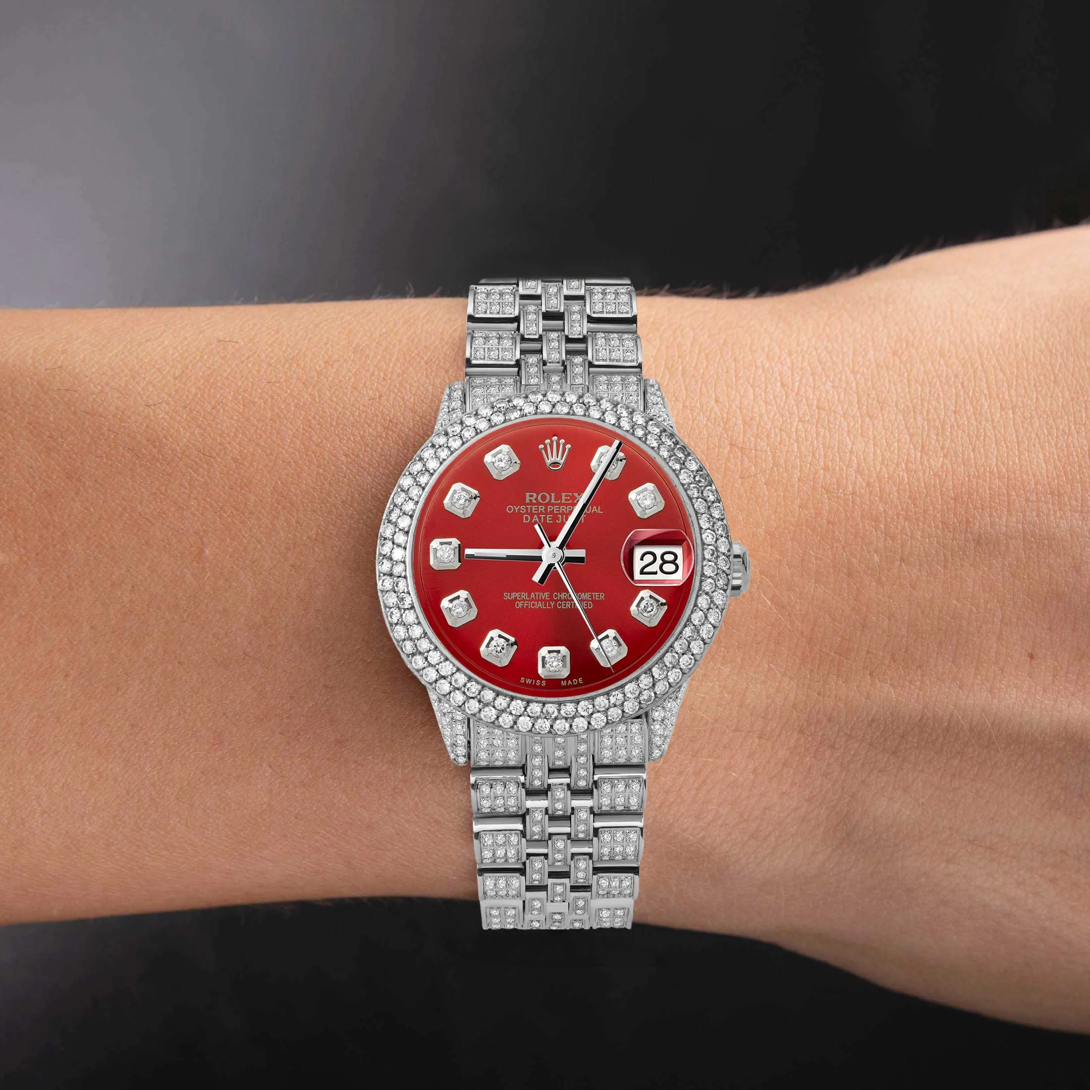 Women's Rolex Datejust Diamond Bezel Watch 31mm Red Dial | 8.55ct